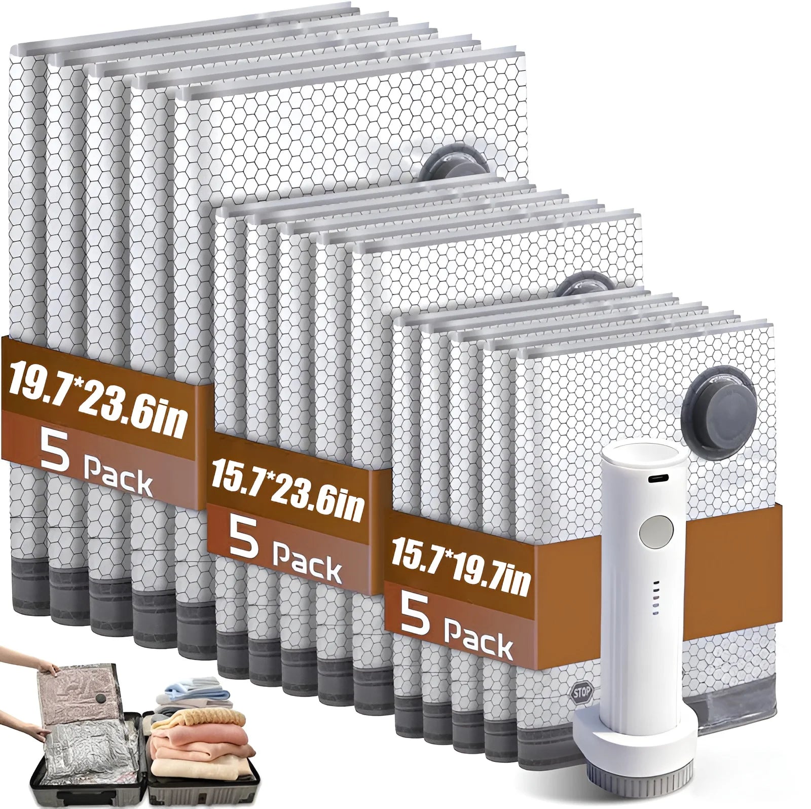 Revolutionize Your Travel Experience with the Cordless Compression Vacuum Set - 15 Pack with Rechargeable Air Pump for Effortless Packing!